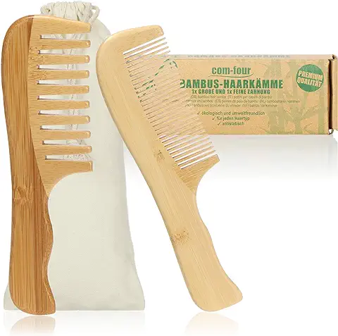 COM-FOUR® Set Premium de Peine de Bambú de 2 Piezas - Peines de Bambú - Peine de Madera Sostenible Maciza (Peines de 2 Partes)  