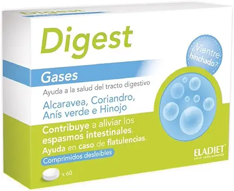 Complemento Alimenticio con Alcaravea, Hinojo, Coriandro y Anís Verde - Digest Gases - 60 Comprimidos - Ayuda a Disminuir la Sensación de Pesadez en el Estómago - Eladiet  