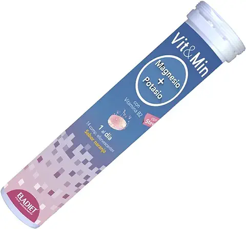 Complemento Alimenticio con Vitamina B2 - Vit&Min Magnesio + Potasio - 14 Comprimidos Efervescentes - Sabor Naranja - Ayuda a Reducir el Cansancio y la Fatiga - Propiedades Antioxidantes - Eladiet  