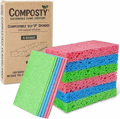 Composty® | Esponjas Ecológicas 'Pop-Up' | Paquete de 6 | Compostable | Sin Residuos | Sin Plástico | 100% Celulosa Natural | Larga Duración | 3 Color  