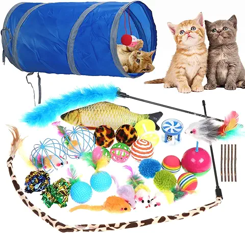 Coolty 31 Piezas Gato Juguetes Gatito Juguetes Interactivos Set Juguetes para Gatitos con Túnel Colapsible Gato Divertido Gato Varita Ratón Gato Juguete Gato Campana Pelota de Gato  