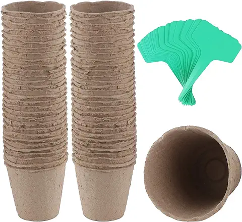 Coolty 60 Macetas de Turba de 3 Pulgadas, Macetas Biodegradables, Macetas de Semillas para Trasplantes, Macetas para Plantas, Hierbas, Flores, Verduras con 60 Etiquetas para Plantas  