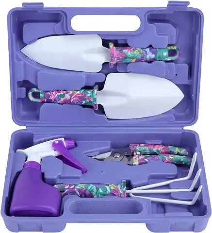 Coolty Juego de Herramientas para Jardinería con Mango Ergonómico y Estampado Floral Morado, Kit de Jardinería y Plantación con Funda de Transporte, para los Amantes de la Jardinería (5 Piezas)  