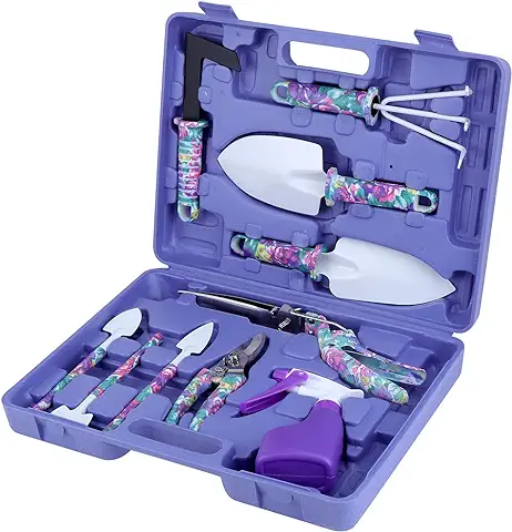 Coolty Juego de Herramientas para Jardinería con Mango Ergonómico y Estampado Floral Morado, Kit de Jardinería y Plantación con Funda de Transporte, para los Amantes de la Jardinería (10 Piezas)  