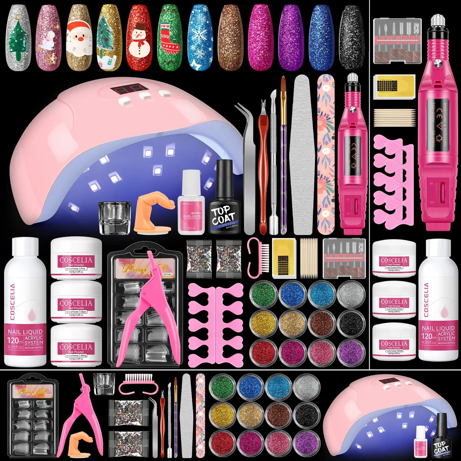 COSCELIA Kit Manicura Semipermanente Con Lampara U-V/Led Uñas, Pulidor Limado Profesional Uñas, Polvo de 3 Colores Para Extensión Con 150ML Monómero, Nail Art Tools All For Manicure  