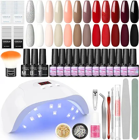 COSCELIA Kit Uñas Semipermanentes Con Lampara U-V/Led Uñas 36W, 12 Colores Esmaltes Semipermanentes Kit Uñas, Base Y Top Coat Semipermanente Kit All For Manicure  