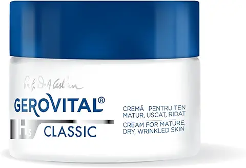 Crema Facial Antiarrugas Muy Hidratante con Ácido Hialurónico y Vitamina E, Efecto Geriátrico, Gran Poder Reparador, para Pieles Maduras, Secas, Arrugadas, 50 ml, Gerovital H3 Classic  