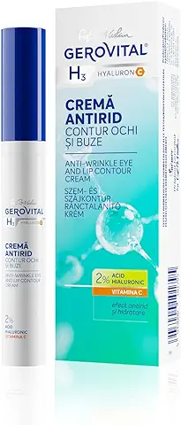 Crema Hidratante Contorno Ojos y Labios con Ácido Hialurónico, Vitamina C y E, Reduce las Arrugas, Tiene Efecto Antioxidante, 15 ml, Gerovital H3 Hyaluron C  