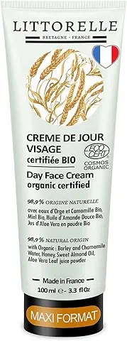 Crema Hidratante Facial de Día Piel Sensible - 100 ml - 99% Origen Natural - Certificada Orgánica - Ingredientes Bio - Agua de Cebada, Camomila, Miel, Almendras Dulces, Aloe vera - Made in Francia  