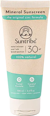 Crema Solar Mineral Natural FPS 30 Suntribe - 100 ml, Tinte, Ecológica - 100% Natural & Segura para Arrecifes - Óxido de Zinc no Nano - Resistente al agua  