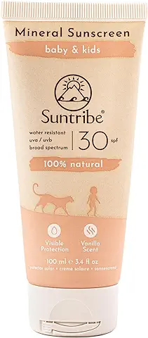 Crema Solar Natural Mineral Bebés & Niños FPS 30 Suntribe - 100 ml, Suave, sin Perfume, Ecológica - 100% Natural, Óxido de Zinc no Nano - "Mejor Protector Solar Mineral 2023" (The Independent)  