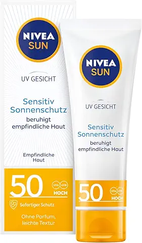 Crema Solar Nivea Sun UV Facial Sensitiv en Paquete de 1 Unidad (1 x 50 ml), Crema Facial con FPS 50+ para Pieles Sensibles, Protección Solar Calmante las Irritaciones de la piel  