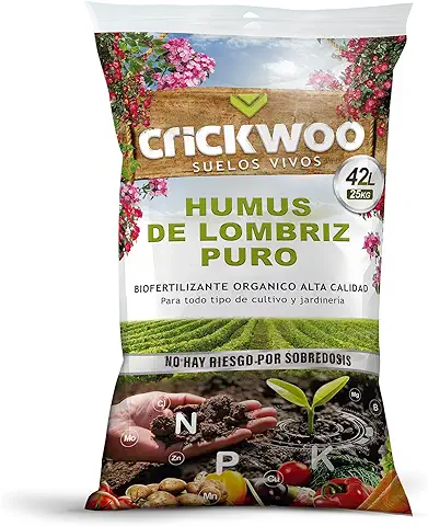 CRICKWOO - Humus de Lombriz para Plantas Puro. El Mejor Abono Natural, 42L / 25KG, Fertilizante Universal Orgánico, Rico en Microorganismos Efectivos para Cualquier tipo de Cultivo  