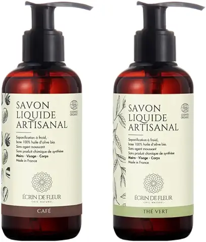 Écrin De Fleur - Jabones Líquidos Artesanales y Orgánicos, Infusiones de Café y Té Verde, Café o Té' - Para Pieles Sensibles, Rostro, Manos, Cuerpo - Hechos en Francia, 2x250ml  
