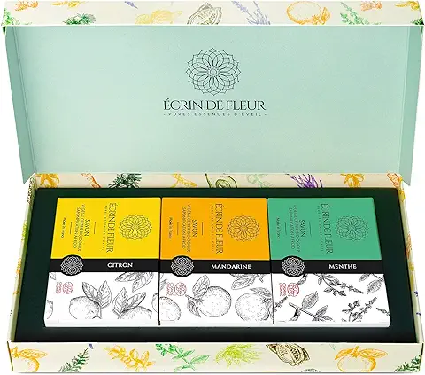 Écrin De Fleur – Set de Pastillas Refrescantes – Limón, Menta y Mandarina - Jabones Naturales, Artesanales, Veganos y Certificados Orgánicos - sin Aceite de Palma, Sulfatos ni Parabenos - 3 x 100g  