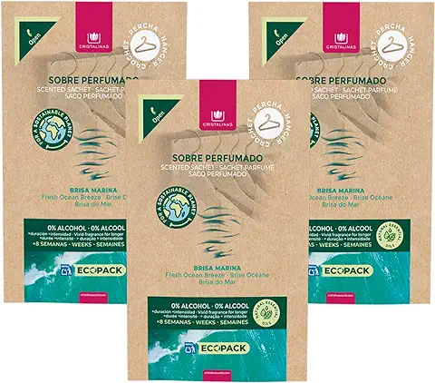 CRISTALINAS | Pack 3 Ambientador Percha para Armario | Aroma Brisa Marina | Ecopack 100% Reciclable | Larga Duración 60 Días | 0% Alcohol  