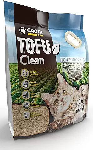 Croci Arenero Tofu Clean 10L – Arenero para Gatos Aglomerante, Biodegradable se Lanza en el Inodoro, 100% Vegetal, Arena Antiolor de Larga Duración  