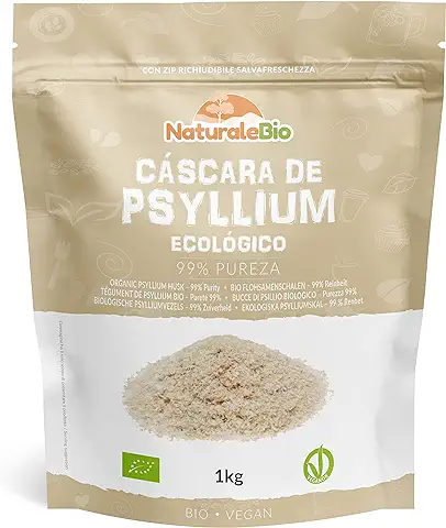 Cáscara de Psyllium Ecológico - 99% Pureza - 1 Kg. Psyllium Husk, Natural y Puro. Cutícula de Semillas de Psilio Orgánico, Producido en India. Rico en Fibra, para Añadir al Agua, Bebidas y Zumos.  