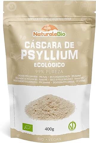 Cáscara de Psyllium Ecológico - 99% Pureza - 400g. Psyllium Husk, Natural y Puro. Cutícula de Semillas de Psilio Orgánico, Producido en India. Rico en Fibra, para Añadir al Agua, Bebidas y Zumos.  