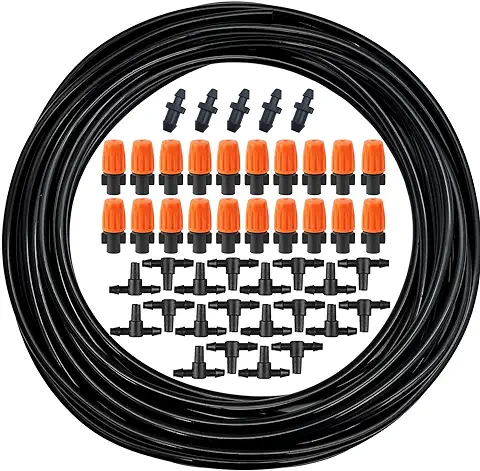 CTRICALVER Sistema de Riego Jardín, Kit Riego Por Goteo,10M 1/4 Pulgadas Manguera Riego por Goteo con 20 Piezas Boquillas Ajustables, Conector en T de 20 Piezas y Tapones de Extremo de 5 Piezas  