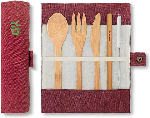Cubierto de Bambú | Cubiertos Madera Ecológicos |Utensilios Madera | Set para Picnic | Set Cubiertos para Camping | Cucharada, Tenedor, Cuchillo, Pajita | 20 cm | Tinto |Bambaw  