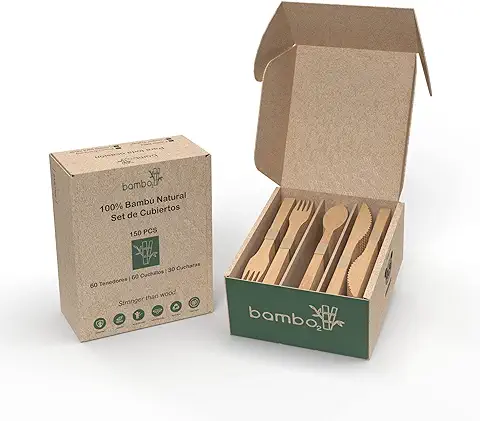 Cubiertos de Bambú 100% Natural & 60 Cuchillos+60 Tenedores+30 Cucharas.Resistentes.Alternativa eco a los Cubiertos Desechables de Madera y Plástico. Vajilla Camping, Cubiertos para Llevar.  