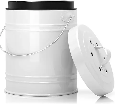Cubo para Compost de 5 Litros con Revestimiento de Plástico y Filtros de Carbón en Blanco/Negro | Cubo de Composta para Residúos Orgánicos para Encimera de Cocina  