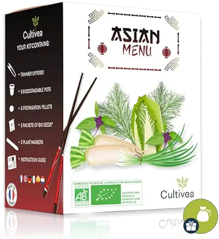 Cultivea® Sabores del Mundo-Mini Kit Huerto : Menú Asiático-Semillas 100% Ecológicas- Cultivar- Idea para Regalar (Rábano Daikon, Lechuga China pe Tsaï, Cebollino Chino, Eneldo, Albahaca Tailandesa)  