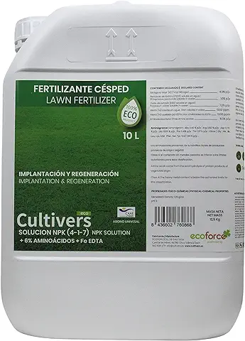 CULTIVERS Fertilizante Césped Ecológico de 10 L. Abono Líquido con Micronutrientes y Aminoácidos. Abono 100% Orgánico Césped más Verde, Fuerte y Denso. No Produce Quemaduras  