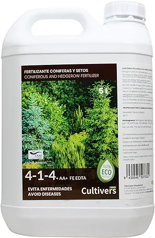 CULTIVERS Fertilizante Líquido para Coníferas y Setos Ecológico de 5 L. Abono 100% Orgánico y Natural. Evita Enfermedades, Arbustos Vigorosos, Follaje mas Verde  