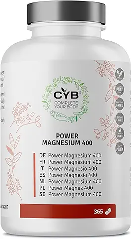 CYB | Magnesio 400mg - Suplementos de Magnesio Puro de Alta Dosis - 365 Tabletas Suministro para 1 Año - Suplemento Vegano Diario - Sin Azúcar ni Lactosa ni Gluten ni Alérgenos  