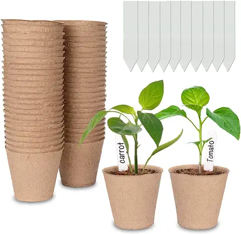 Cymax 50 Piezas Macetas de Turba Biodegradables, Macetas Redondas de Fibra de 8 cm con 50 Etiquetas de Plantas, Plantas de Hierbas Biodegradables,flores,semillas de Inicio,macetas de jard  