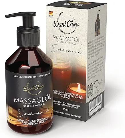 DaniChou® Massage Calentamiento, 250ml con Aceite de soja y Aceite de Almendras, Cosmética 100% Natural Vegano, Aceite de Masaje con Alcanfor para una Sensación de Calor Directo y Relajante en la piel  