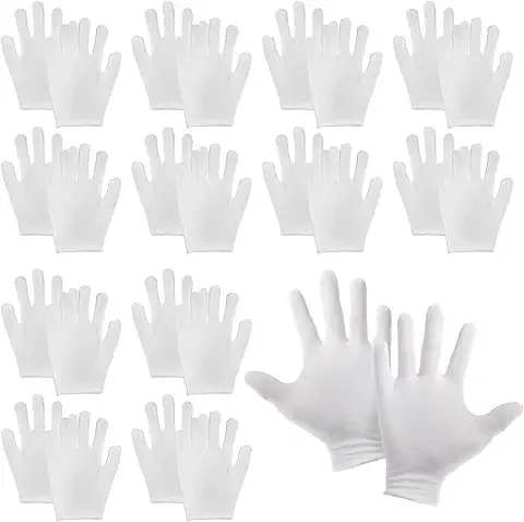 DBOO 12 Pares de Guantes de Algodón Blanco, Guantes de Algodón Suave para el Trabajo, Bricolaje, Manos Secas, Camareros, Conductores, Monedas, Joyas, Guantes de Inspección Plateados para Niños (S)/mujeres (M)/Men(L)  