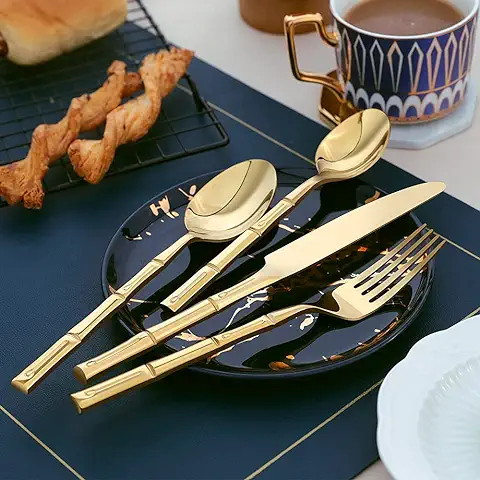 DEACORY Juego de Cubiertos con Mango de Bambú, Acero Inoxidable, oro, Juego de Cubiertos, Servicio de 24 Piezas para 6, Tenedores, Cucharas, Cuchillos para el Hogar, Fiestas, Bodas  