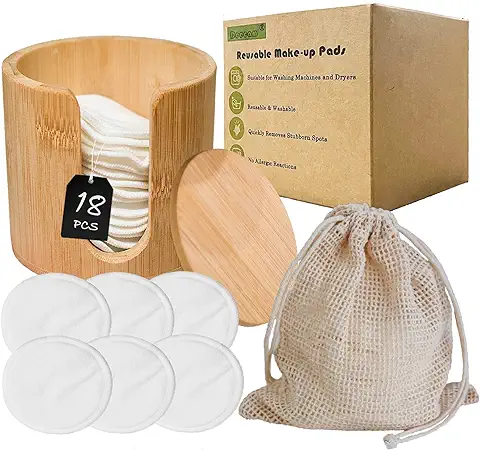 Deecam Discos Desmaquillantes Reutilizables,18 Pcs de Algodones Desmaquillantes,Con Bolsas de Malla y Caja de Bambú,Fácil de Limpiar  
