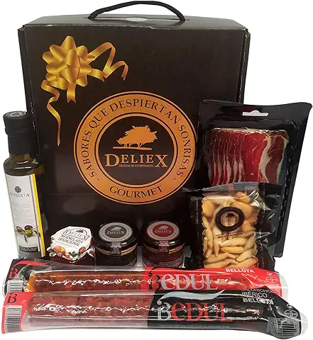 Deliex Delicias de Extremadura. Cesta Gourmet Regalo con Aceite La Chinata, Jamón, lote de Ibéricos, Patés, Picos ...Regalos Originales para Hombres y Mujeres. (Cesta sin Queso)  