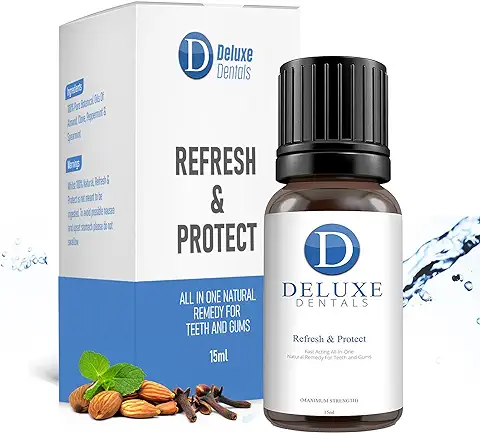 Deluxe Dentals Refresh & Protect - Tratamiento de Encías Inflamadas Sangrantes Sensibles y Mal Aliento - Enjuague Bucal para Alivio del Dolor de Acción Rápida - Limpieza de Dientes 100% Natural 15 ml  