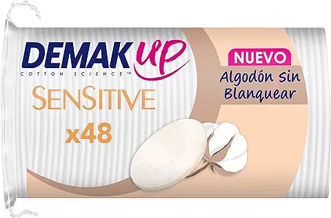 Demak'Up Sensitive x48 - Discos Desmaquillantes Ultra Suaves para Pieles Sensibles - Cara y Ojos - Fibra de Algodón 100% Natural - Paquete con 48 Discos  