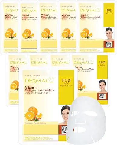 DERMAL 10 Hojas de Mascarilla Facial Coreana con Esencia de Colágeno y Vitaminas – Brillo de la Vitamina C y Vitalidad de la Piel, para Pieles Secas y sin Brillo  