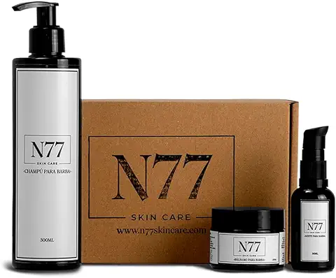 Descubre N77, el set Esencial para tu Barba. Champú, Aceite y Bálsamo, Ofreciendo un Cuidado Completo. Fórmulas 100% Naturales para una Barba. Nutre, Hidrata y Domina tu Estilo.  