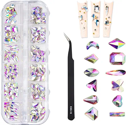 Diamantes para Uñas 12 Estilo Diamantes de Imitación de Uñas Cristal AB Brillante Uñas Piedras Gemas Flatback Uñas Cristal Joyas con Pinzas De Recogida para Manualidades en Uñas y Cara  