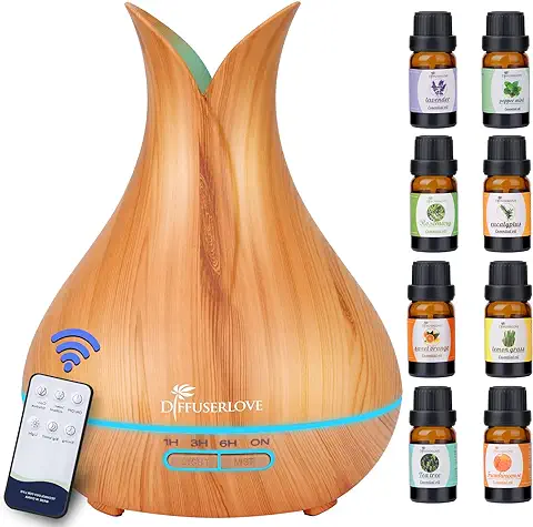 Diffuserlove Humidificador Difusor de Aceites Esenciales Control Remoto Difusor de Aromas Ultrasónico Aceites Esenciales Humificador de Niebla Silenciosa Whisper con Lámparas de 7 Colores, Amarillo  