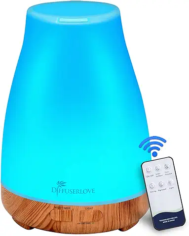 Difusor de Aceites Esenciales de 300 ml Humidificador de Niebla de Difusor de Aromas con Control Remoto con Luces LED de 7 Colores y Apagado Automático sin Agua para Dormitorio, Oficina, Casa, Yoga  