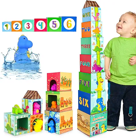 DINORUN Juguetes Niños 1 Año, Juguetes Montessori Cubos Apilables Bebe Dinosaurios Juguetes, Juguete Educativo Regalo Niña Niño 1 2 3 Años  