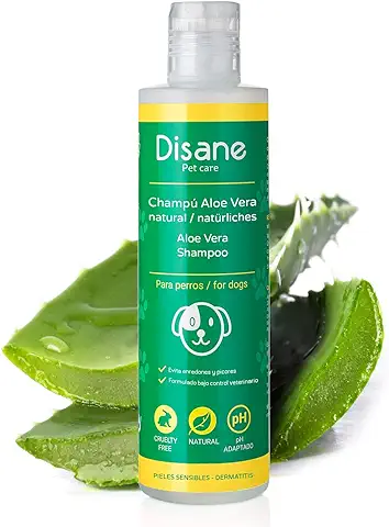 Disane Champú Para Perros Natural con Aloe Vera | 250ml | Mascotas Pieles Sensibles y Atópicas, con Heridas, Dermatitis o Eccemas | Accesorios para Perro | Sin Clorhexidina  