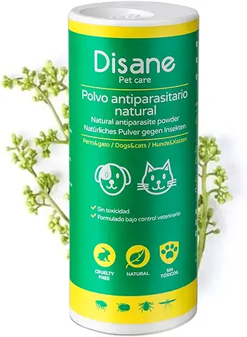 DISANE Polvo Antiparasitario para Perros |Repelente de Insectos Natural 250g| Antipulgas en Talco de Fácil Aplicación por el Pelaje y el Entorno del Perro | Protege de Pulgas, Garrapatas y Mosquitos  