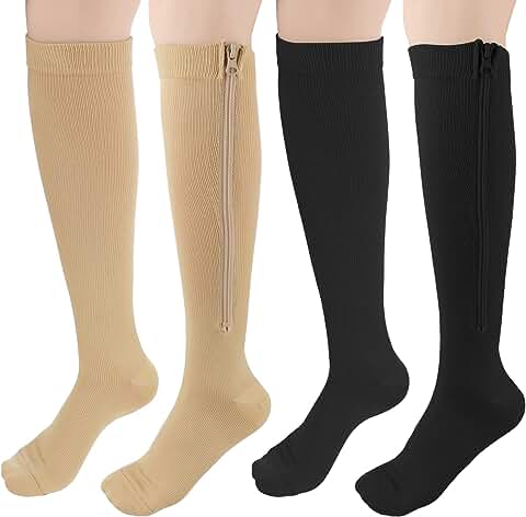 DIVINA VITAE 2 Pares Calcetines de Compresión con Cremallera para Hombres y Mujeres, 15-20 mmHg Hasta Rodilla Calcetines de Compresión con Punta Cerrada para Tratamiento Hinchazón Venas Varicosas  