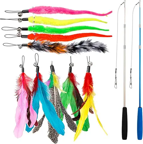 DIWUJI 12 PCS Juguete Pluma de Gato Interactivo, 2 PCS Varita Retráctil y 10 PCS Plumas de Recambio con Campana, Juguete de Cazador de Gatos Interactivo Varita para Ejercitar Gatos y Gatitos  
