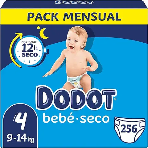 Dodot Pañales Bebé-Seco Talla 4 (9-14 kg), 256 Pañales con Protección Antifugas, Pack Mensual  